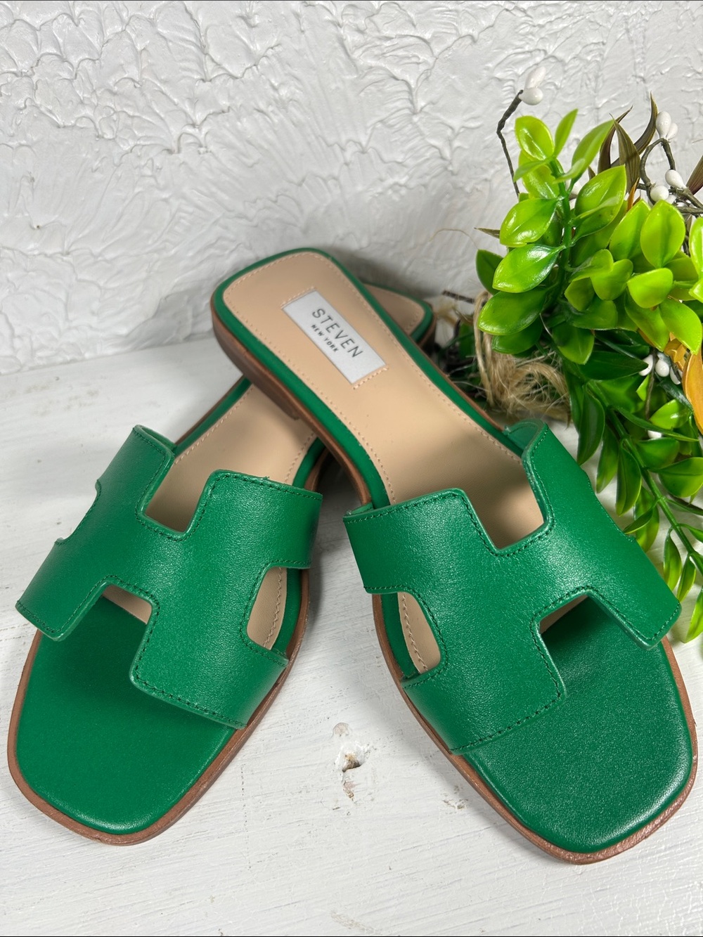 🆕Steven New York HADYN Green Leather Slide In Mules Flat Sandal NWTBoxed - Picture 5 of 16